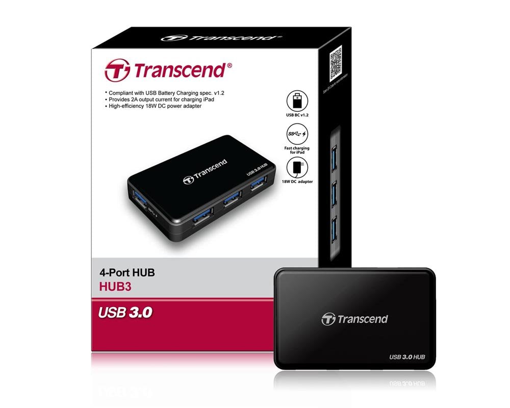 Transcend TS-HUB3K 4-Port USB 3.1 Gen 1 Hub | 4 x USB Type-A Ports | Upto 2A Output Current Transcend TS-HUB3K 4-Port USB 3.1 Gen 1 Hub | 4 x USB Type-A Ports | Upto 2A Output Current